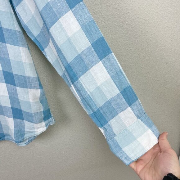 Banana Republic Men's Large Camden Fit 100% Linen Plaid Shirt Collare Button Blu - Picture 4 of 16